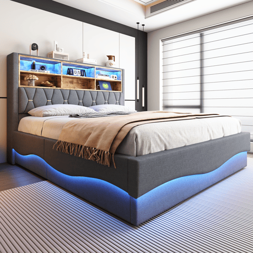 Cama de casal de linho 180x200 cm com armazenamento e luz led,cinza Cama de casal de linho 180x200 cm com armazenamento e luz led,cinza