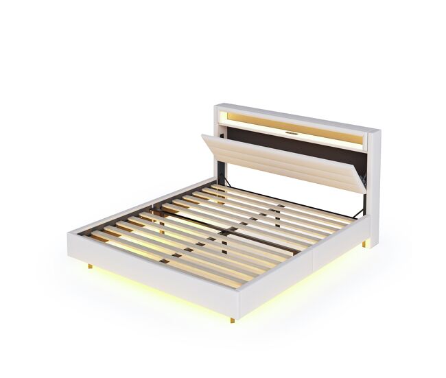 Cama de matrimonio de lino 140x200 cm con luz led,beige