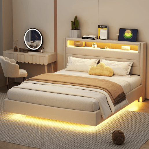 Cama de casal de linho 140x200 cm com luz led,bege Cama de casal de linho 140x200 cm com luz led,bege