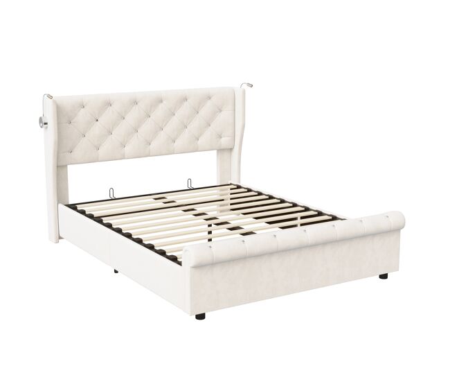 Cama 140 x 190 cm, usb, led, cama doble, cama juvenil, cama funcional, cama con almacenaje