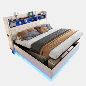 Cama de casal de linho 180x200 cm com armazenamento e luz led,bege