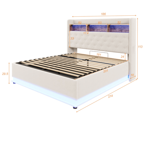 Cama de casal de linho 180x200 cm com armazenamento e luz led,bege Cama de casal de linho 180x200 cm com armazenamento e luz led,bege