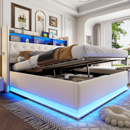 Cama de casal de linho 180x200 cm com armazenamento e luz led,bege Cama de casal de linho 180x200 cm com armazenamento e luz led,bege