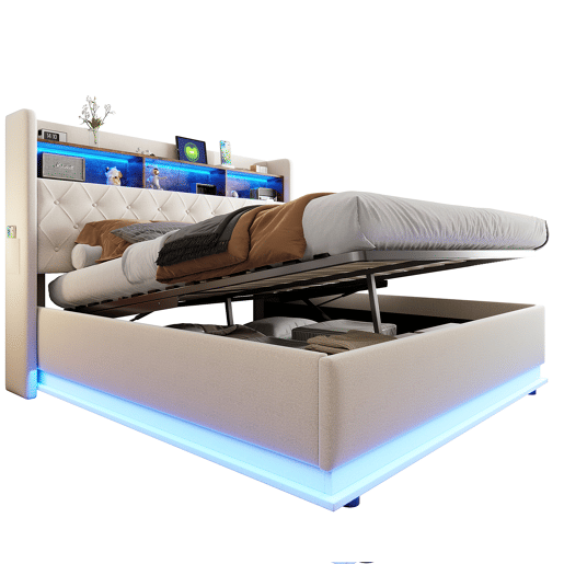 Cama de casal de linho 180x200 cm com armazenamento e luz led,bege Cama de casal de linho 180x200 cm com armazenamento e luz led,bege