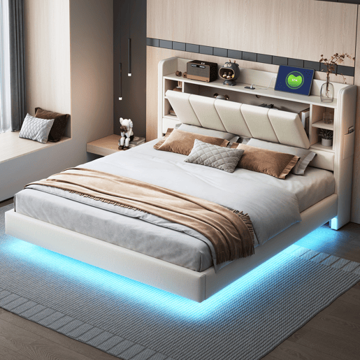 Cama de casal de linho 160x200 cm com luz led,bege