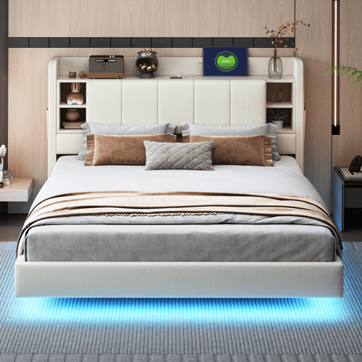 Cama de casal de linho 160x200 cm com luz led,bege
