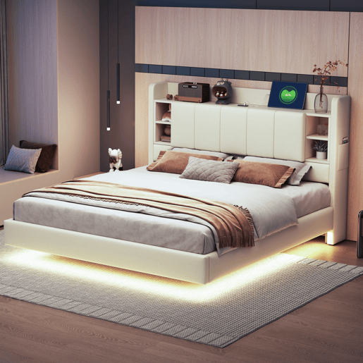Cama de casal de linho 160x200 cm com luz led,bege