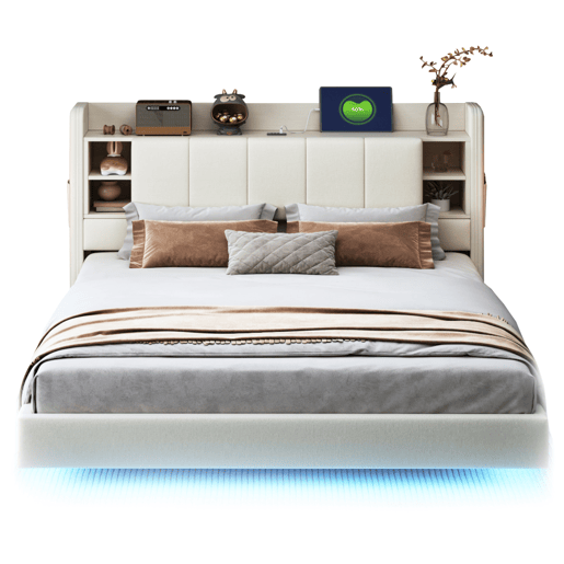 Cama de casal de linho 160x200 cm com luz led,bege