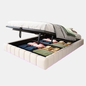 Cama de casal de linho 140x200 cm com armazenamento e luz led,bege