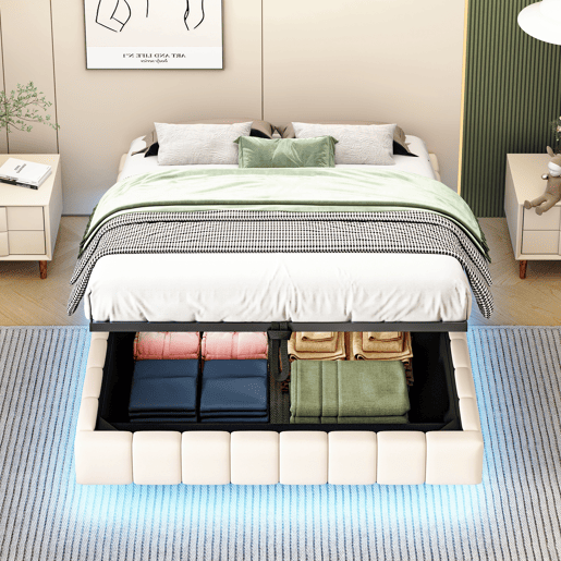 Cama de casal de linho 140x200 cm com armazenamento e luz led,bege