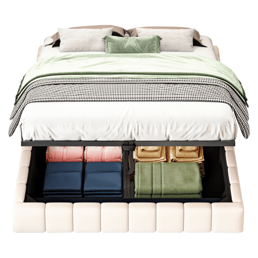 Cama de casal de linho 140x200 cm com armazenamento e luz led,bege
