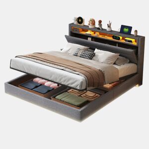Cama de casal de linho 160x200 cm com armazenamento e luz led,cinza