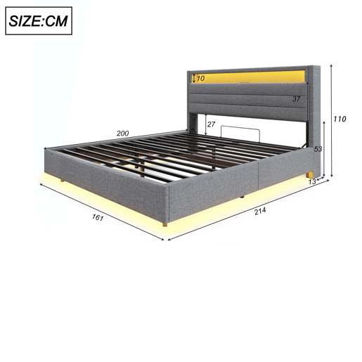Cama de casal de linho 160x200 cm com armazenamento e luz led,cinza Cama de casal de linho 160x200 cm com armazenamento e luz led,cinza