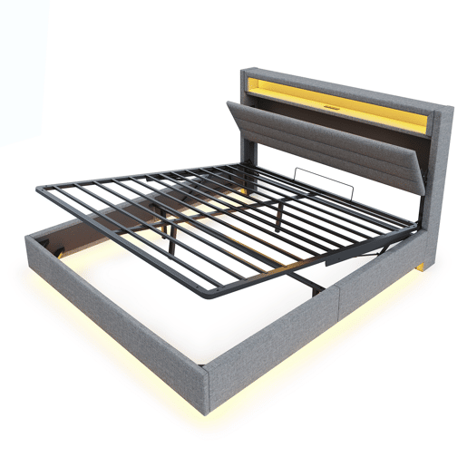 Cama de casal de linho 160x200 cm com armazenamento e luz led,cinza Cama de casal de linho 160x200 cm com armazenamento e luz led,cinza