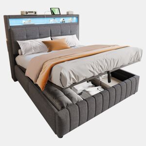 Cama de casal de linho 160x200 cm com armazenamento e luz led,cinza