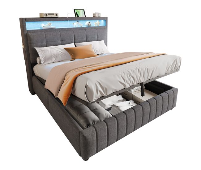 Cama de matrimonio de lino 160x200 cm con almacenaje y luz led,gris