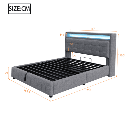 Cama de casal de linho 160x200 cm com armazenamento e luz led,cinza