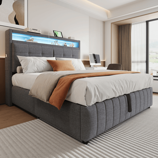 Cama de casal de linho 160x200 cm com armazenamento e luz led,cinza