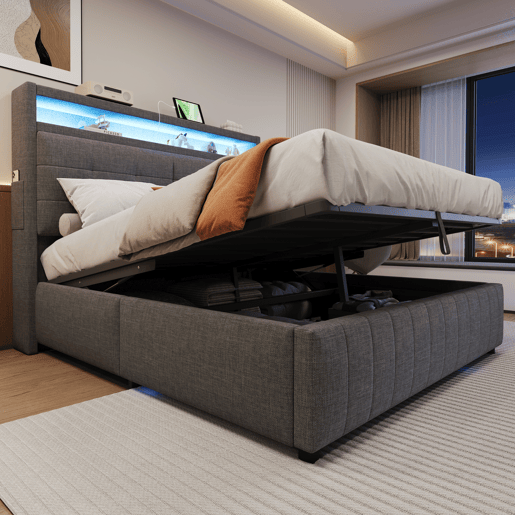 Cama de casal de linho 160x200 cm com armazenamento e luz led,cinza