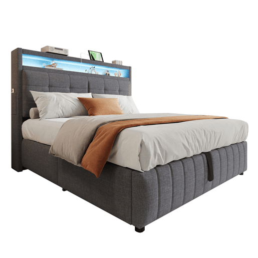 Cama de casal de linho 160x200 cm com armazenamento e luz led,cinza