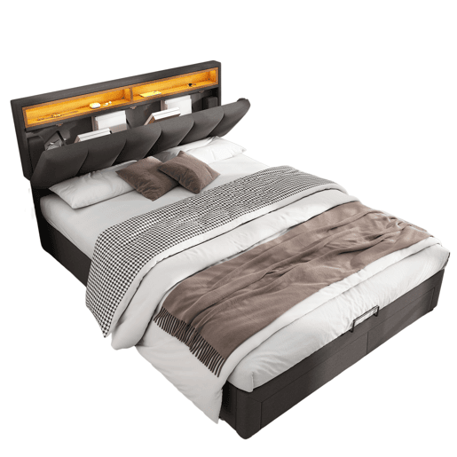 Cama estofada cinza de 180x200 cm com LED, 2 gavetas e espaço para armazenamento, roupa de cama inclusa, estrado de ripas incluso. Cama estofada cinza de 180x200 cm com LED, 2 gavetas e espaço para armazenamento, roupa de cama inclusa, estrado de ripas incluso.