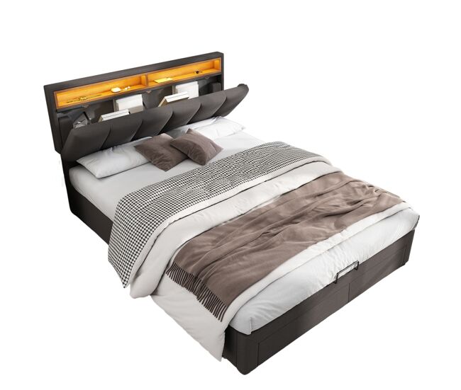 Cama tapizada de 180x200 cm en color gris con led, 2 cajones y espacio de almacenamiento, ropa de cama de lino, somier de láminas incluido.
