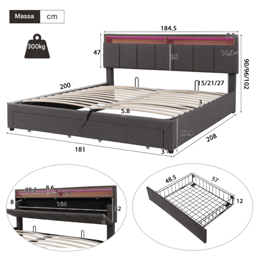 Cama estofada cinza de 180x200 cm com LED, 2 gavetas e espaço para armazenamento, roupa de cama inclusa, estrado de ripas incluso. Cama estofada cinza de 180x200 cm com LED, 2 gavetas e espaço para armazenamento, roupa de cama inclusa, estrado de ripas incluso.