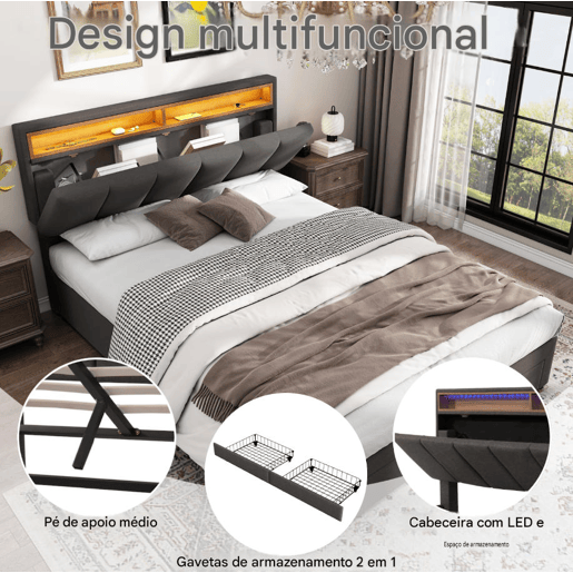 Cama estofada cinza de 180x200 cm com LED, 2 gavetas e espaço para armazenamento, roupa de cama inclusa, estrado de ripas incluso. Cama estofada cinza de 180x200 cm com LED, 2 gavetas e espaço para armazenamento, roupa de cama inclusa, estrado de ripas incluso.