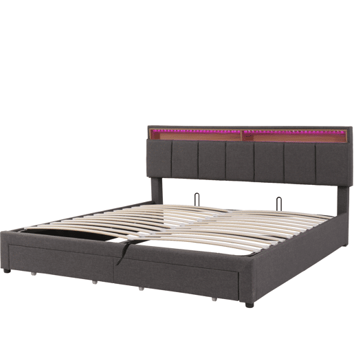 Cama estofada cinza de 180x200 cm com LED, 2 gavetas e espaço para armazenamento, roupa de cama inclusa, estrado de ripas incluso. Cama estofada cinza de 180x200 cm com LED, 2 gavetas e espaço para armazenamento, roupa de cama inclusa, estrado de ripas incluso.