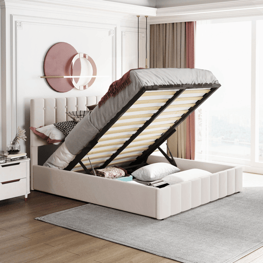 Cama de casal de veludo 140x200 cm com armazenamento,branco Cama de casal de veludo 140x200 cm com armazenamento,branco