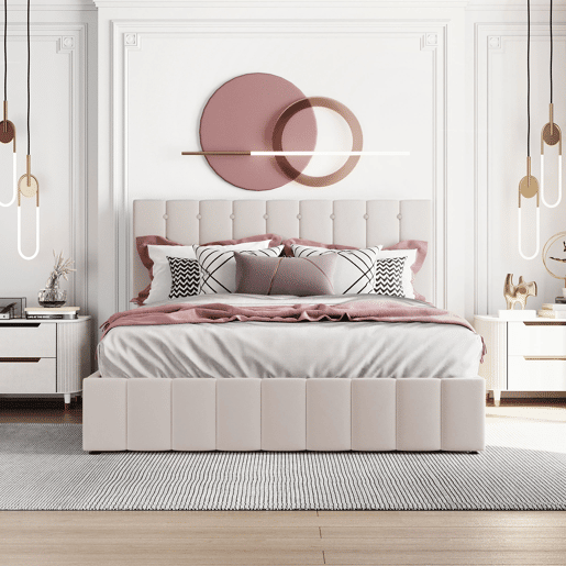 Cama de casal de veludo 140x200 cm com armazenamento,branco Cama de casal de veludo 140x200 cm com armazenamento,branco