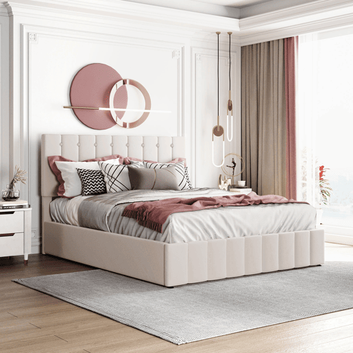 Cama de casal de veludo 140x200 cm com armazenamento,branco Cama de casal de veludo 140x200 cm com armazenamento,branco