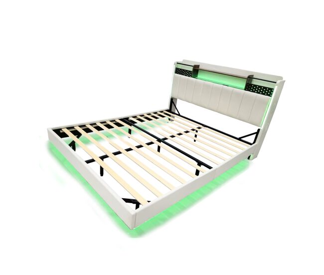 Cama de matrimonio de lino 160x200 cm con luz led,beige