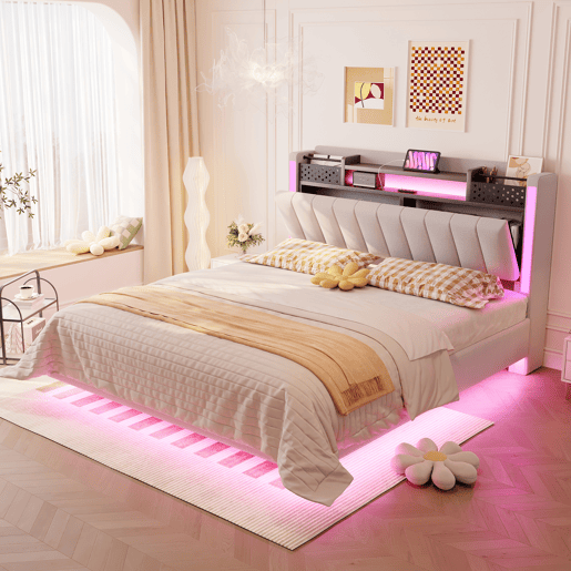 Cama de casal de linho 160x200 cm com luz led,bege