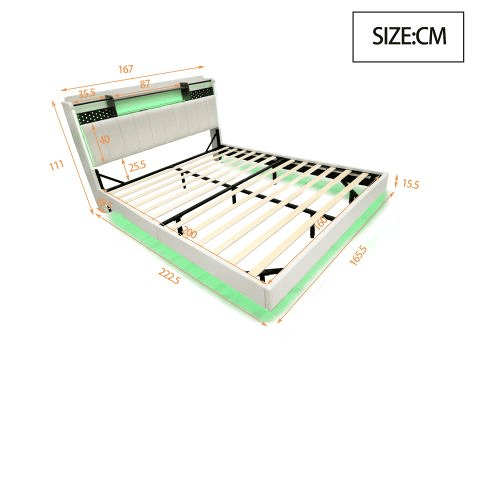Cama de casal de linho 160x200 cm com luz led,bege
