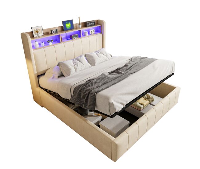 Cama de matrimonio de lino 160x200 cm con almacenaje y luz led,beige