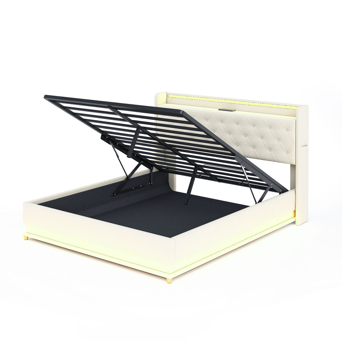Cama de matrimonio de lino 160x200 cm con almacenaje y luz led,beige