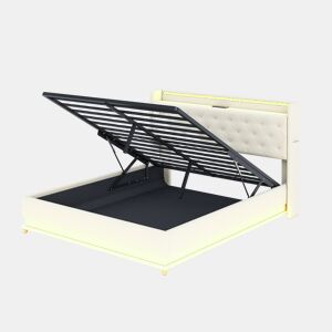 Cama de casal de linho 160x200 cm com armazenamento e luz led,bege
