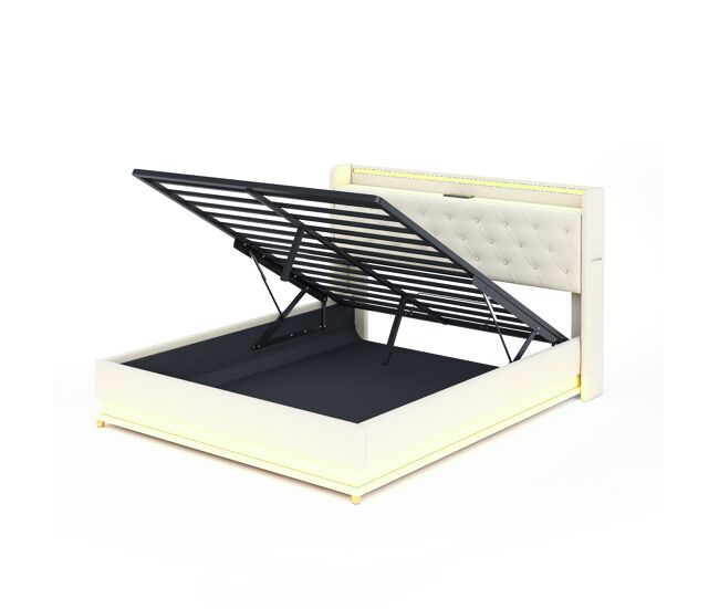 Cama de matrimonio de lino 160x200 cm con almacenaje y luz led,beige