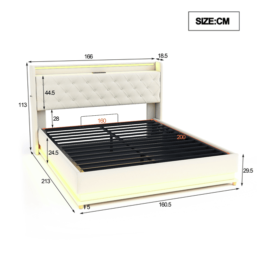 Cama de casal de linho 160x200 cm com armazenamento e luz led,bege Cama de casal de linho 160x200 cm com armazenamento e luz led,bege