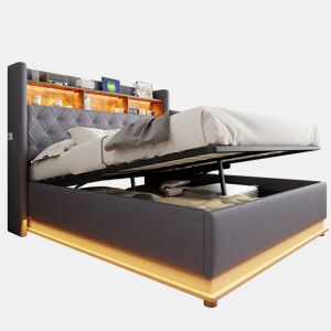 Cama de casal de linho 160x200 cm com armazenamento e luz led,cinza