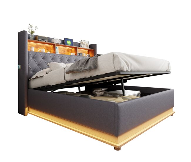 Cama de matrimonio de lino 160x200 cm con almacenaje y luz led,gris