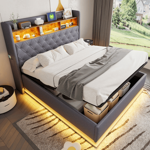 Cama de casal de linho 160x200 cm com armazenamento e luz led,cinza Cama de casal de linho 160x200 cm com armazenamento e luz led,cinza