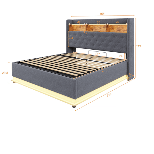 Cama de casal de linho 160x200 cm com armazenamento e luz led,cinza Cama de casal de linho 160x200 cm com armazenamento e luz led,cinza