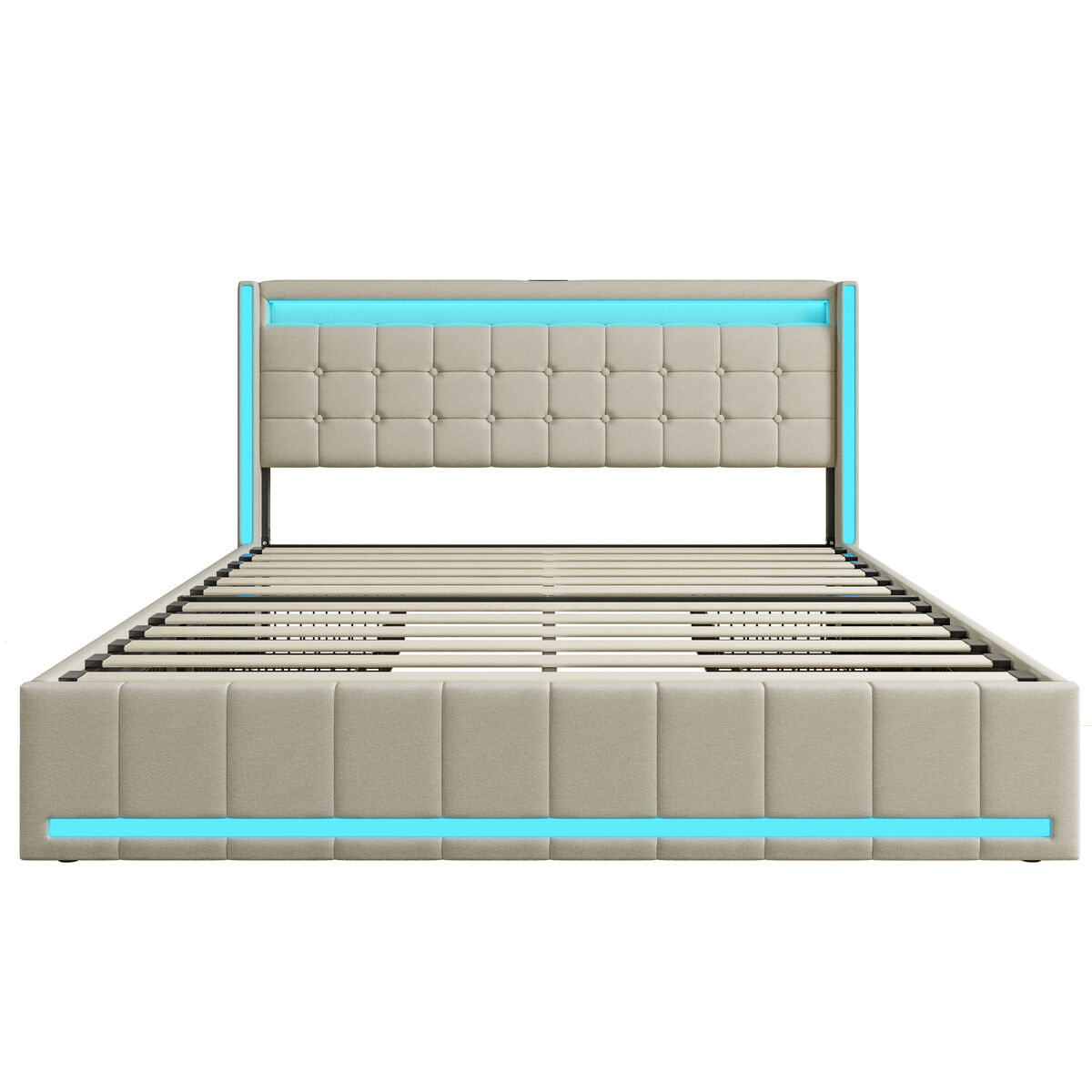 Cama tapizada 140x200 cm con función de carga usb y cabecero led y 4 cajones, estructura de cama doble, camas con canapé, cama juvenil, cama con