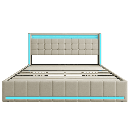 Cama estofada 140x200cm com função de carregamento USB e cabeceira LED e 4 gavetas, estrutura de cama de casal, camas box, cama juvenil, cama com estrado em madeira, material em linho, bege Cama estofada 140x200cm com função de carregamento USB e cabeceira LED e 4 gavetas, estrutura de cama de casal, camas box, cama juvenil, cama com estrado em madeira, material em linho, bege