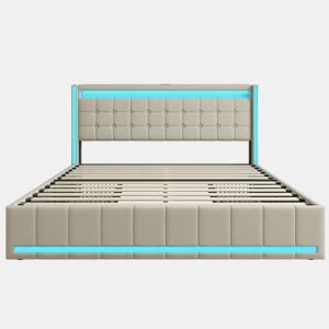 Cama estofada 140x200cm com função de carregamento USB e cabeceira LED e 4 gavetas, estrutura de cama de casal, camas box, cama juvenil, cama com estrado em madeira, material em linho, bege