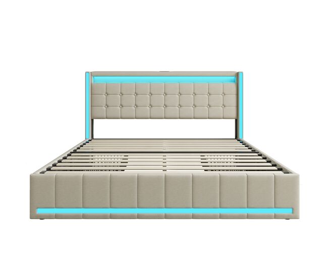 Cama tapizada 140x200 cm con función de carga usb y cabecero led y 4 cajones, estructura de cama doble, camas con canapé, cama juvenil, cama con