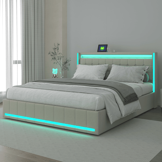 Cama estofada 140x200cm com função de carregamento USB e cabeceira LED e 4 gavetas, estrutura de cama de casal, camas box, cama juvenil, cama com estrado em madeira, material em linho, bege Cama estofada 140x200cm com função de carregamento USB e cabeceira LED e 4 gavetas, estrutura de cama de casal, camas box, cama juvenil, cama com estrado em madeira, material em linho, bege