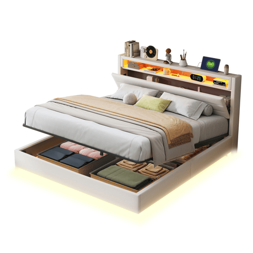 Cama de casal de linho 160x200 cm com armazenamento e luz led,bege